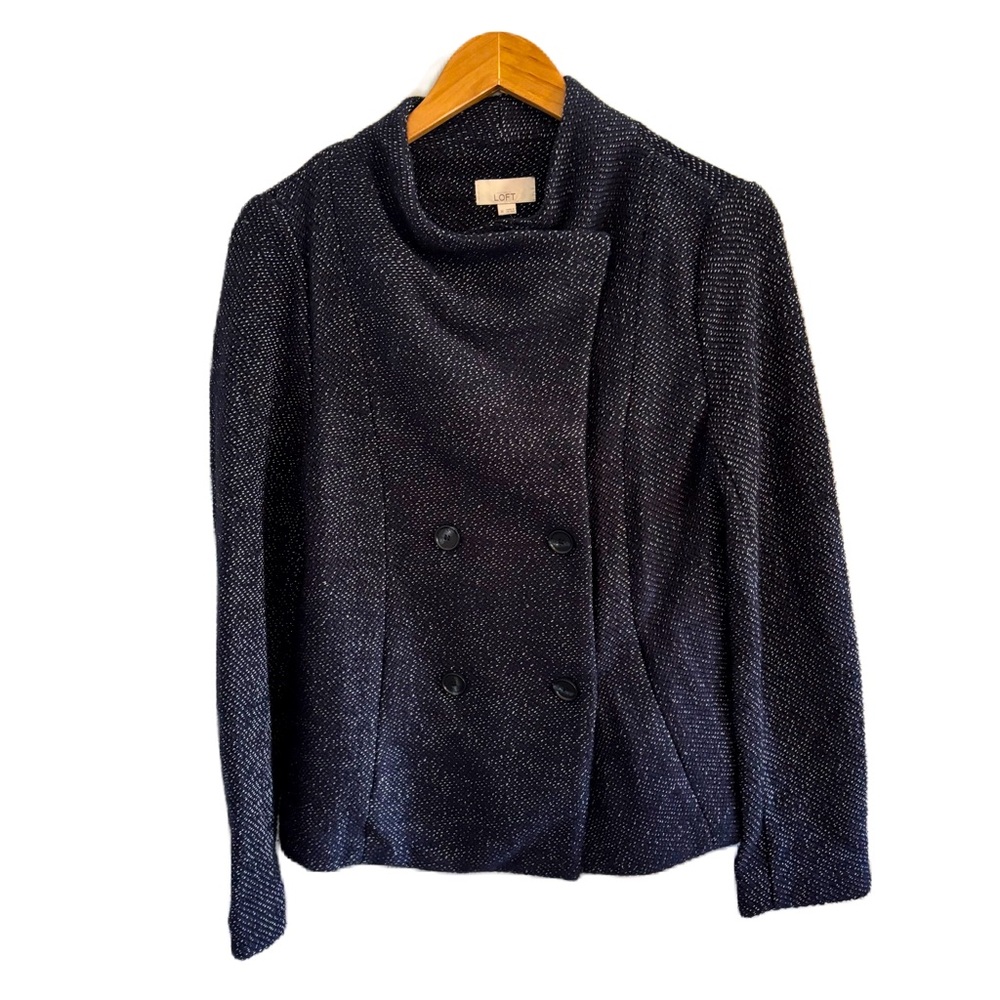 Ann Taylor Loft Navy Double Breasted Tweed Jacket Size M